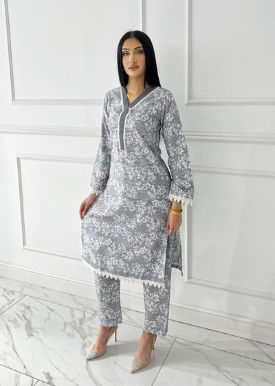 BUT-122- Grey - S.Prints Printed Lawn Co-ords - Memsaab Online