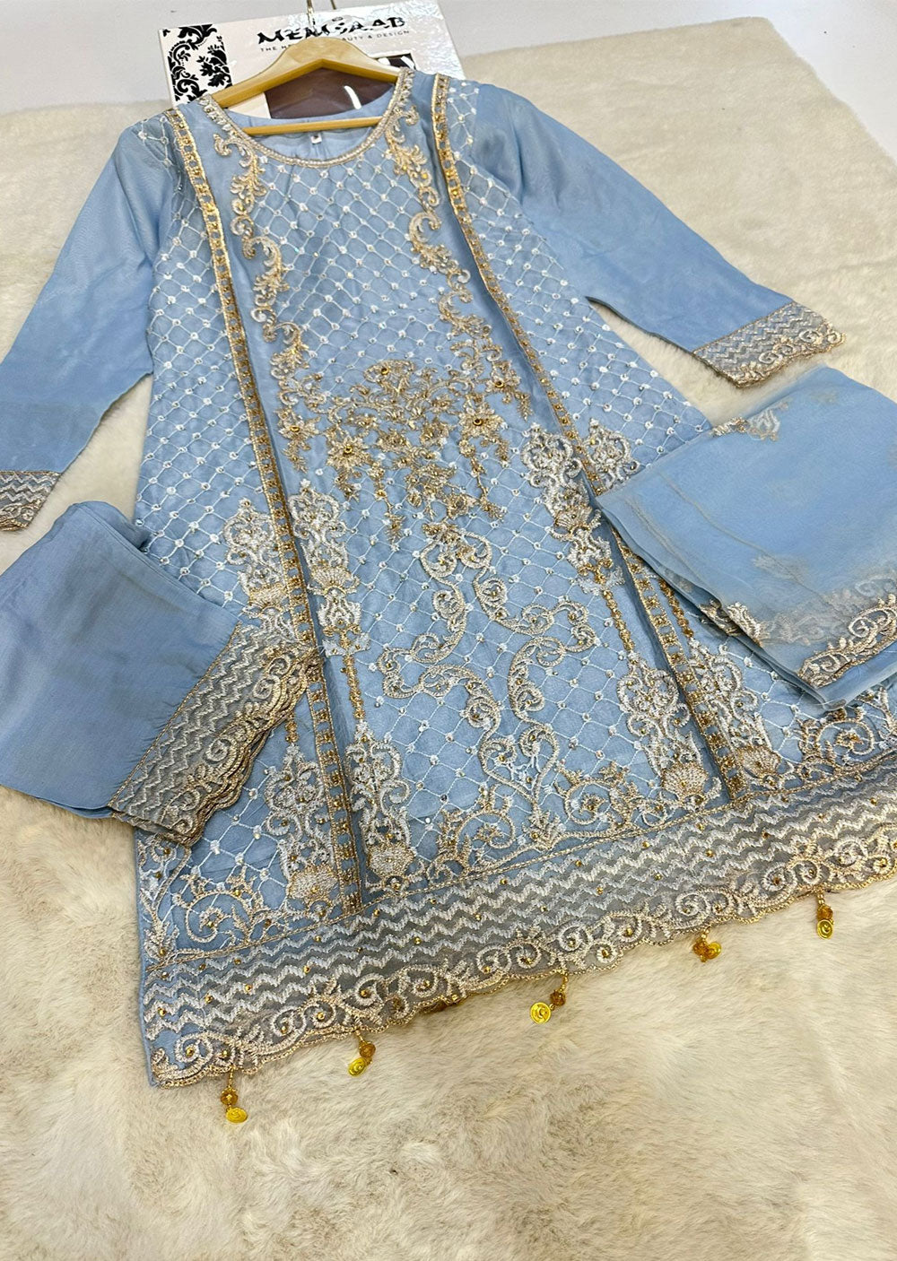 ASK636 Readymade Organza Blue Suit - Memsaab Online