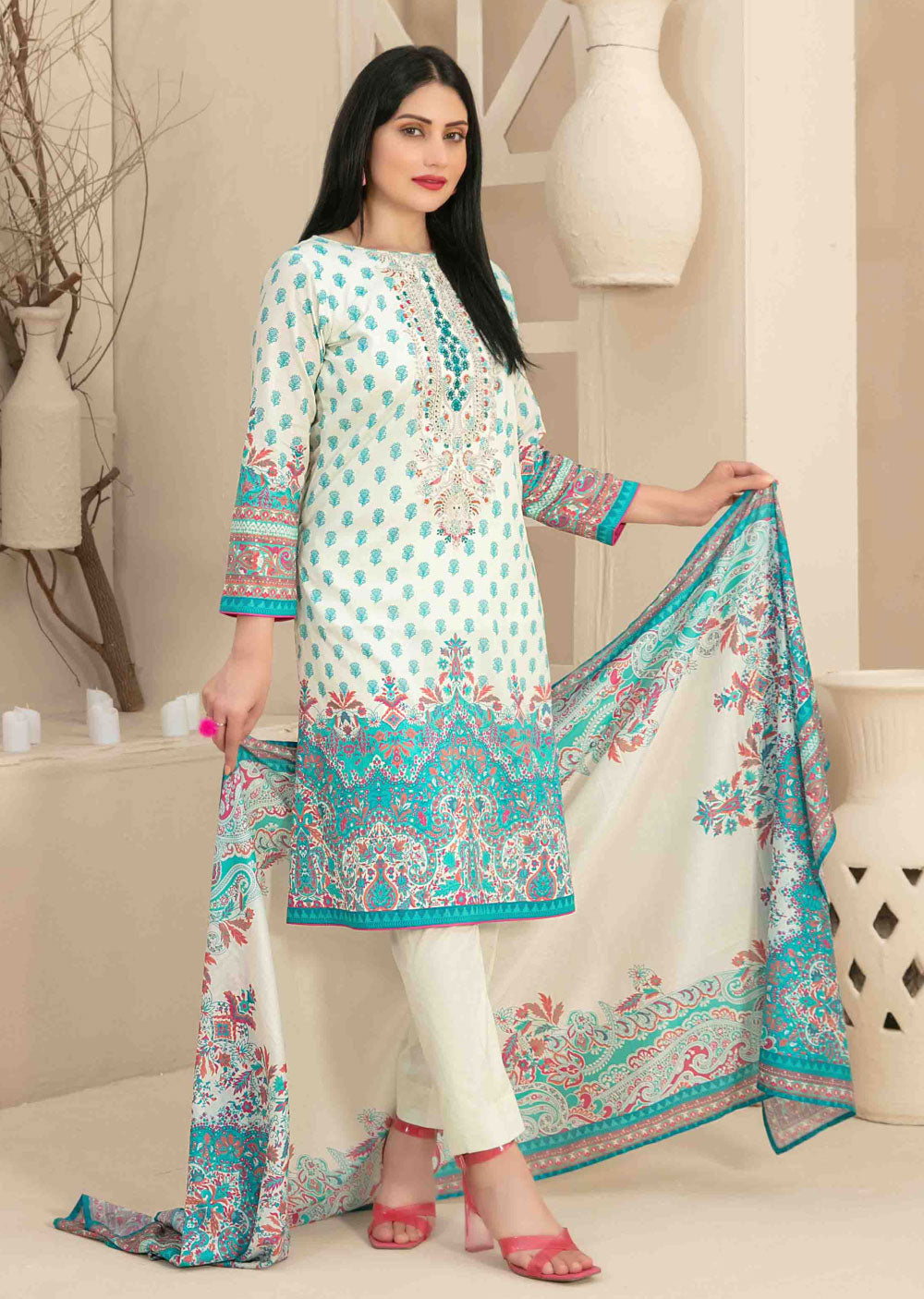 D-3463 - Readymade - Naama Embroidered Lawn By Tawakkal 2024 - Memsaab Online