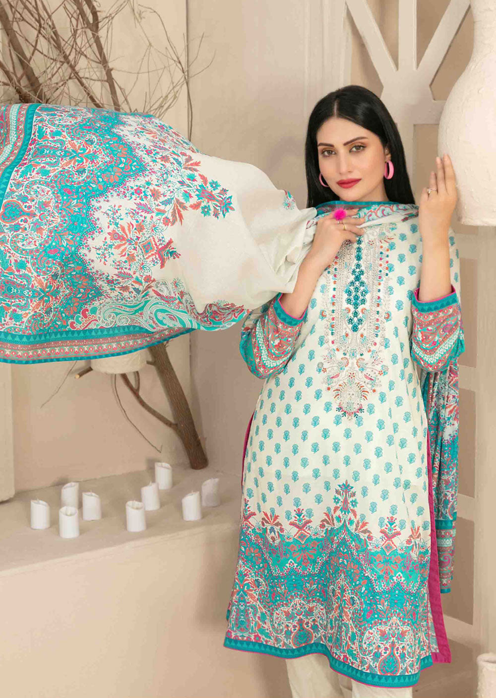 D-3463 - Readymade - Naama Embroidered Lawn By Tawakkal 2024 - Memsaab Online