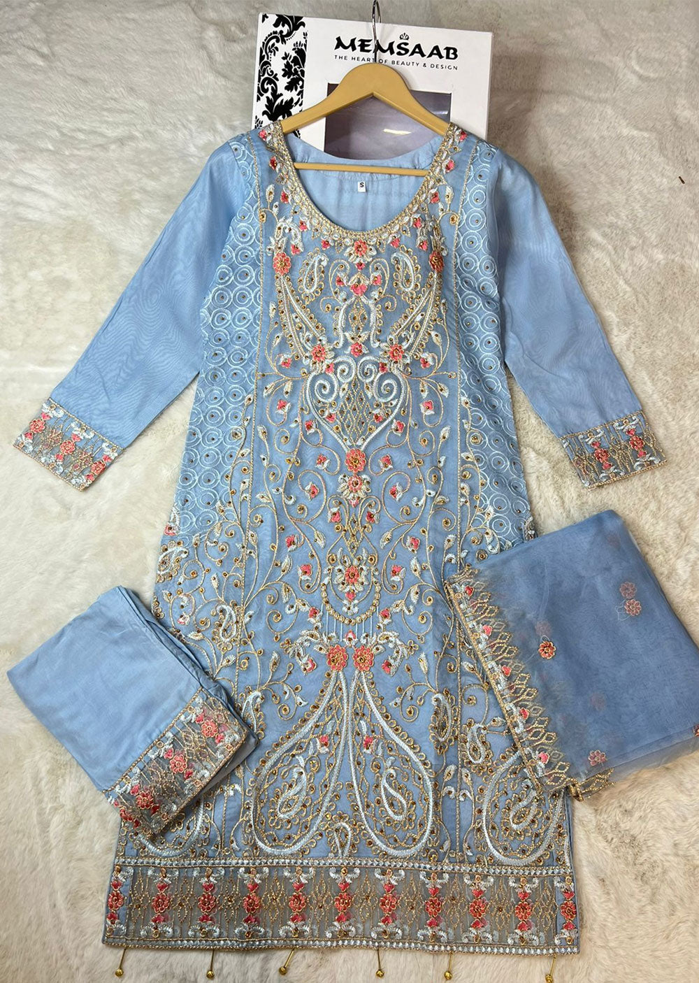 ASK641 Readymade Organza Blue Suit - Memsaab Online