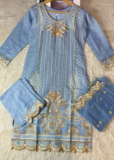 ASK645 Readymade Organza Blue Suit - Memsaab Online