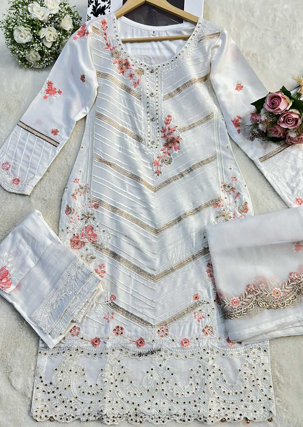 HK264 - White Readymade Linen Suit - Memsaab Online