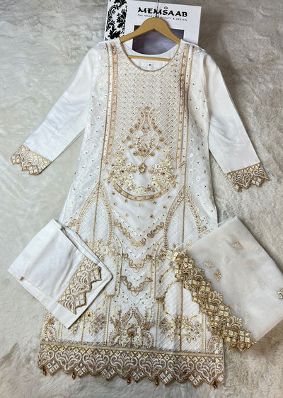 ASK653 Readymade Organza White Suit - Memsaab Online