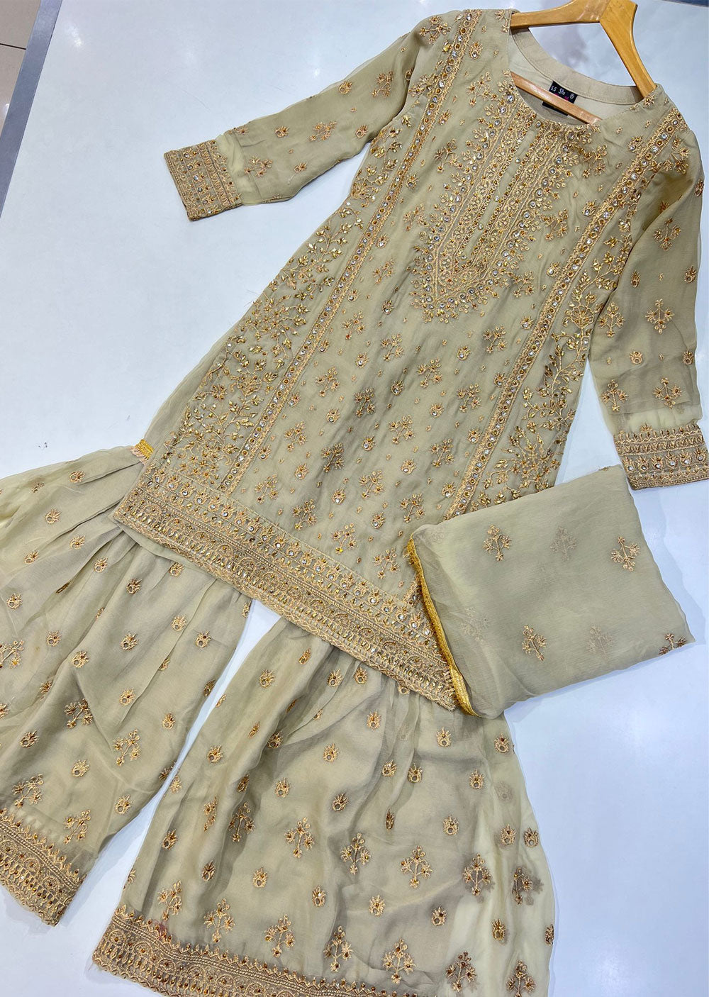 SHAZ6545 Gold Readymade Shararah Mother & Daughter Suit - Memsaab Online