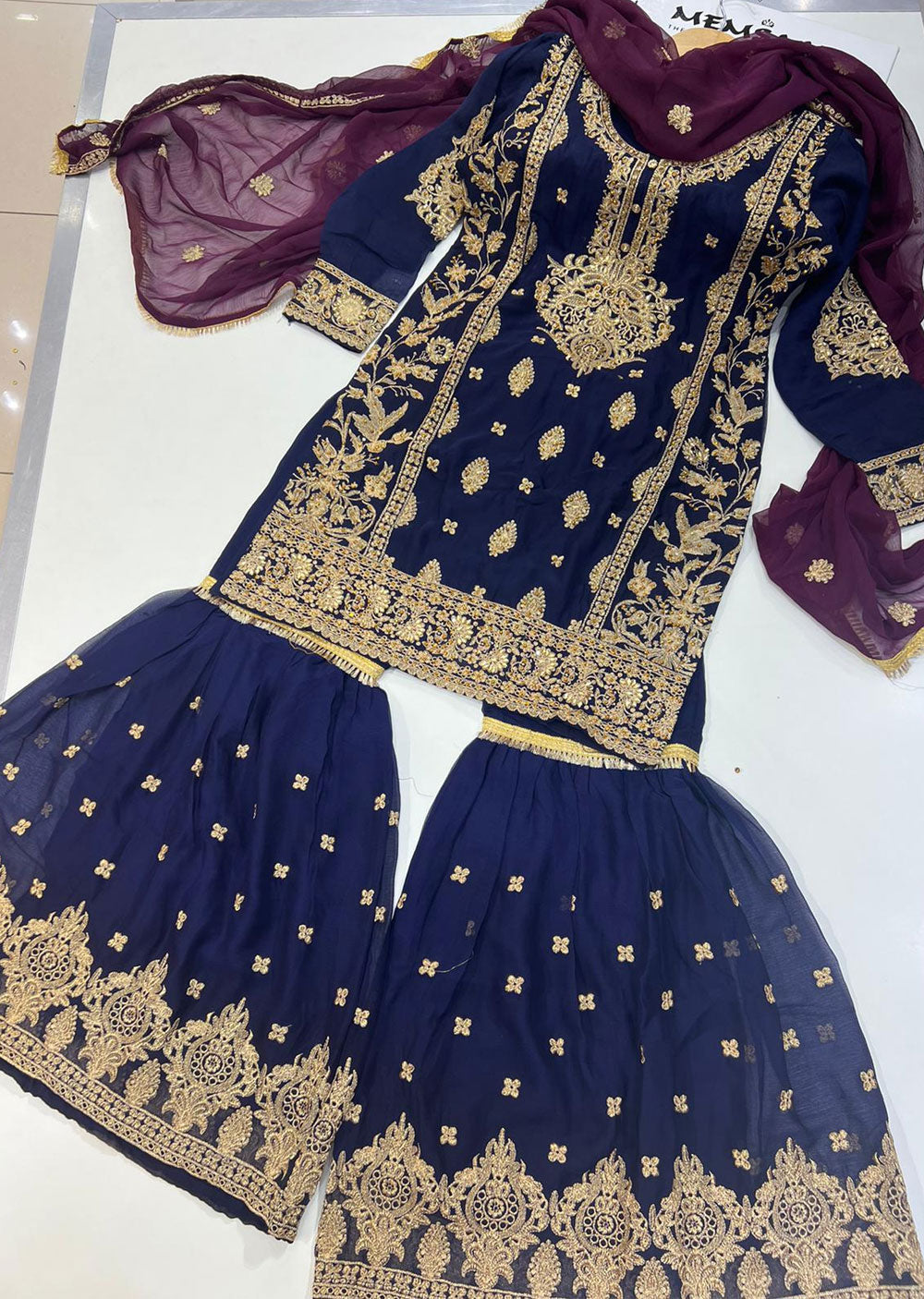 SHAZ6553 Navy Readymade Chiffon ghararah - Memsaab Online