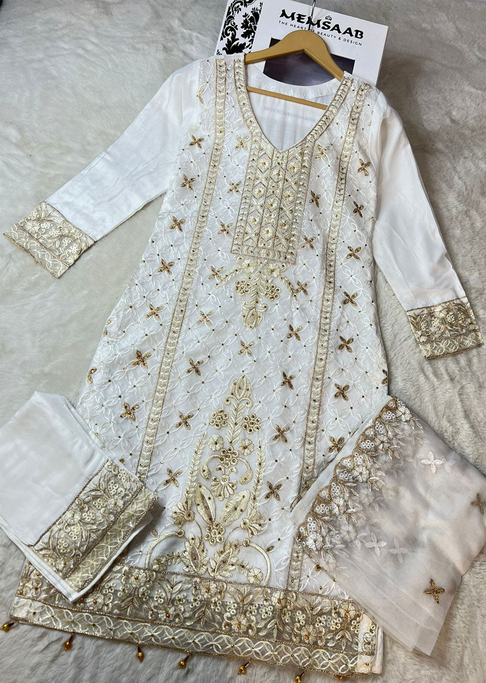 ASK657 Readymade Organza White Suit - Memsaab Online