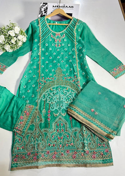 ASK664 Readymade Organza Green Suit - Memsaab Online