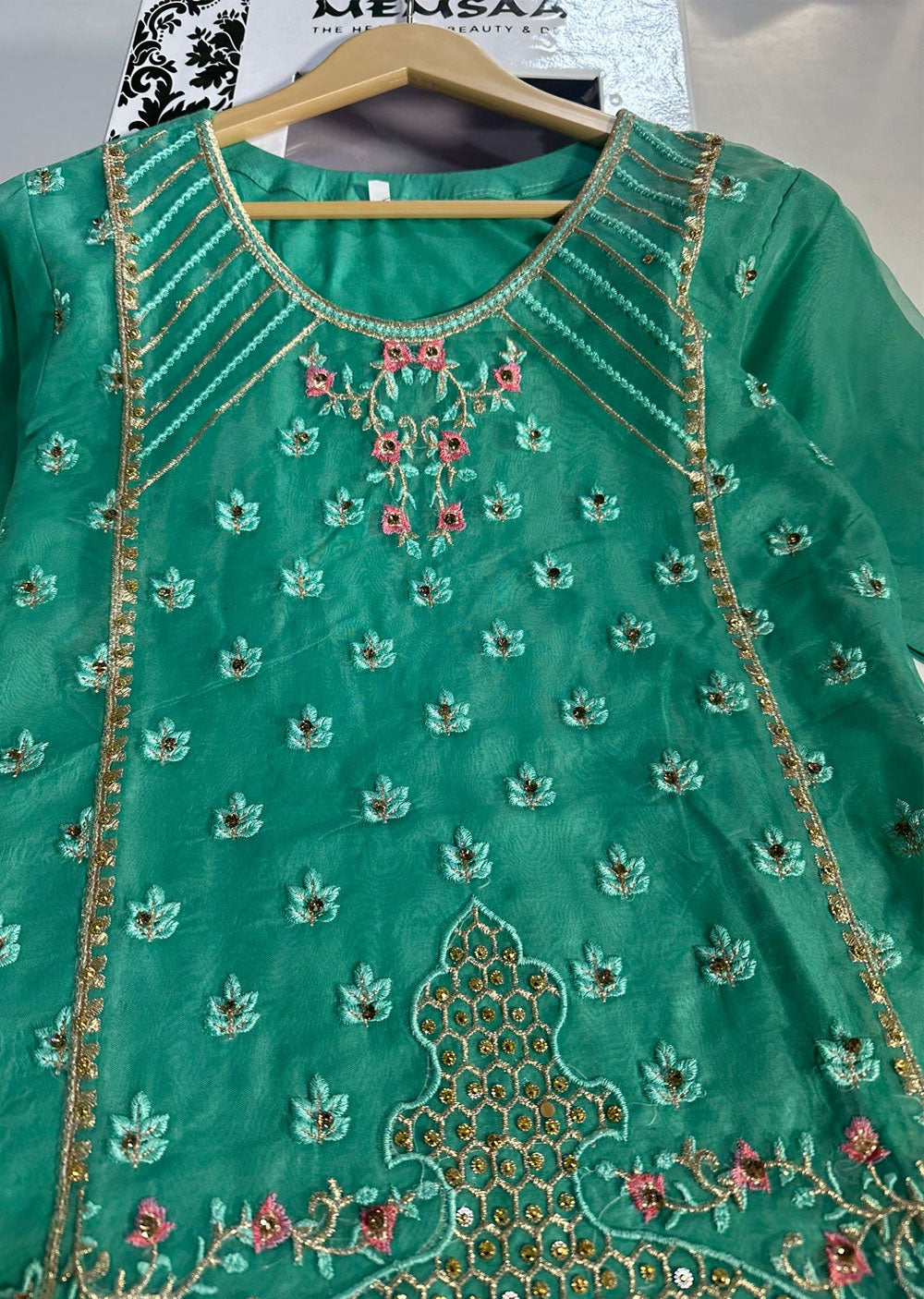 ASK664 Readymade Organza Green Suit - Memsaab Online