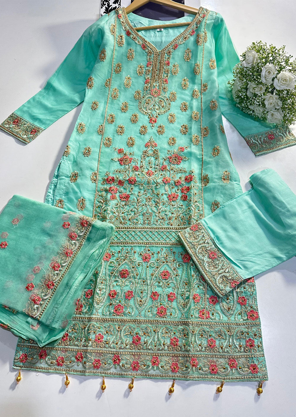 ASK665 Readymade Organza Green Suit - Memsaab Online