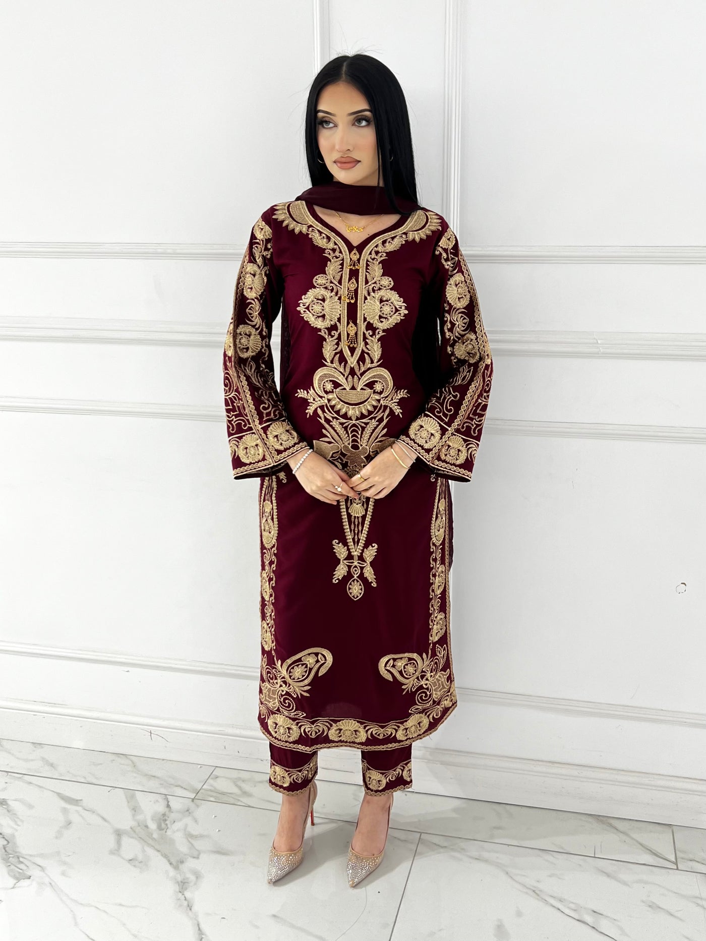 HK273 Riya - Maroon Linen Oufit - Memsaab Online