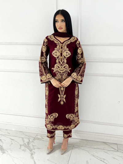 HK273 Riya - Maroon Linen Oufit - Memsaab Online