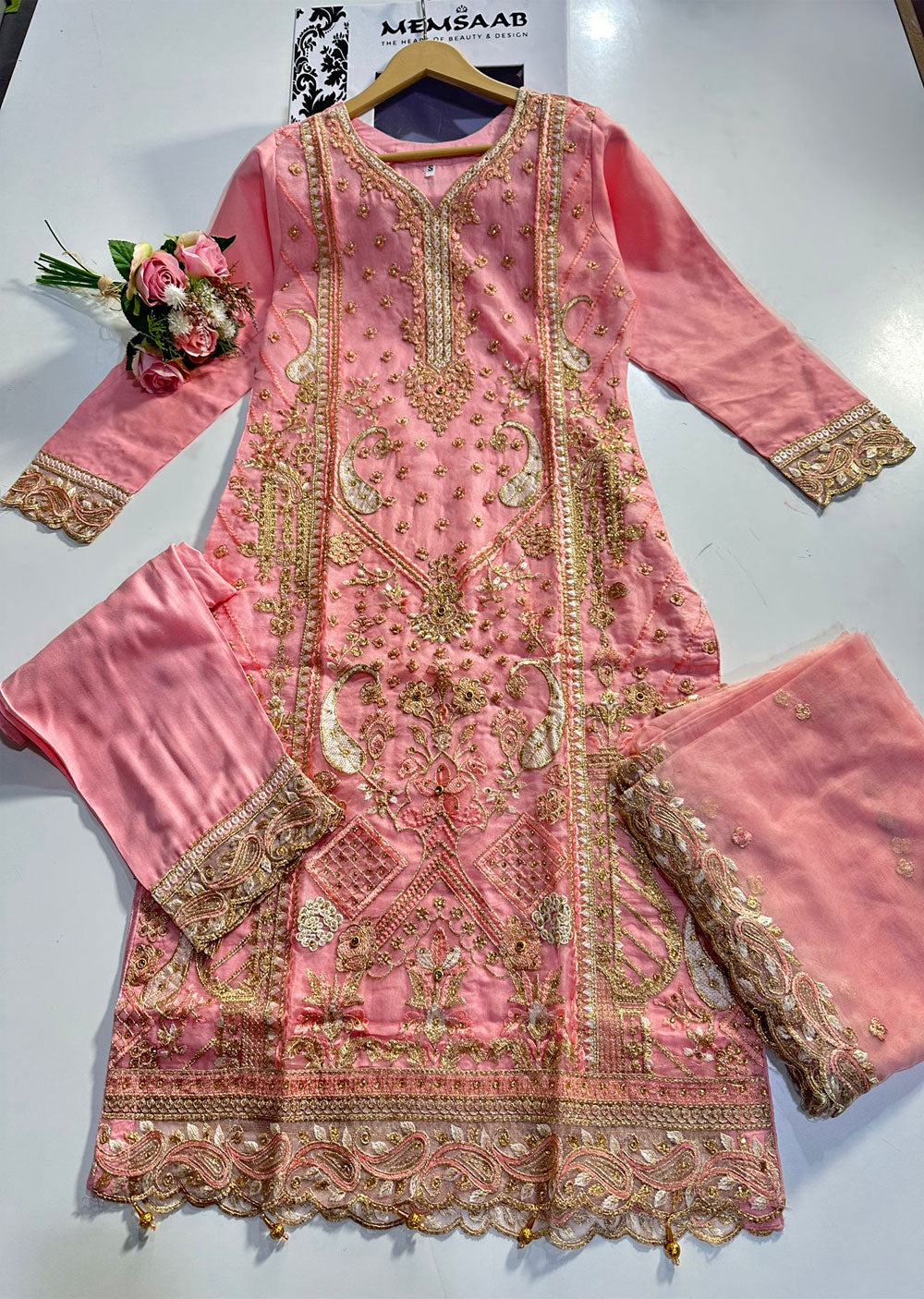 ASK667 Readymade Organza Pink Suit - Memsaab Online