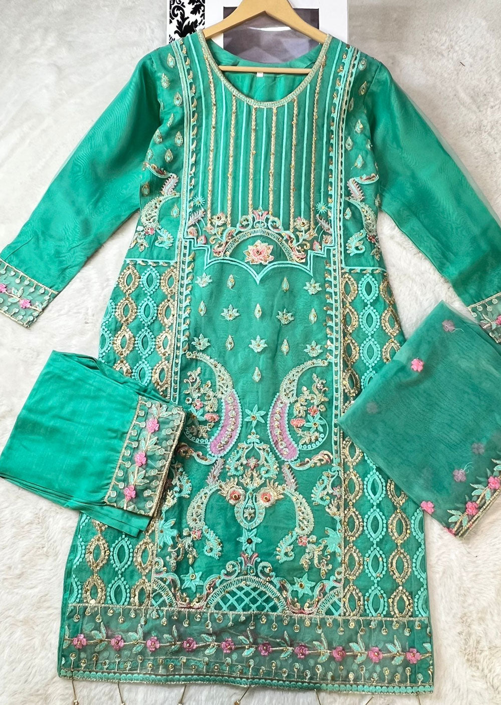 ASK668 Readymade Organza Green Suit - Memsaab Online