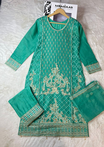 ASK669 Readymade Organza Green Suit - Memsaab Online