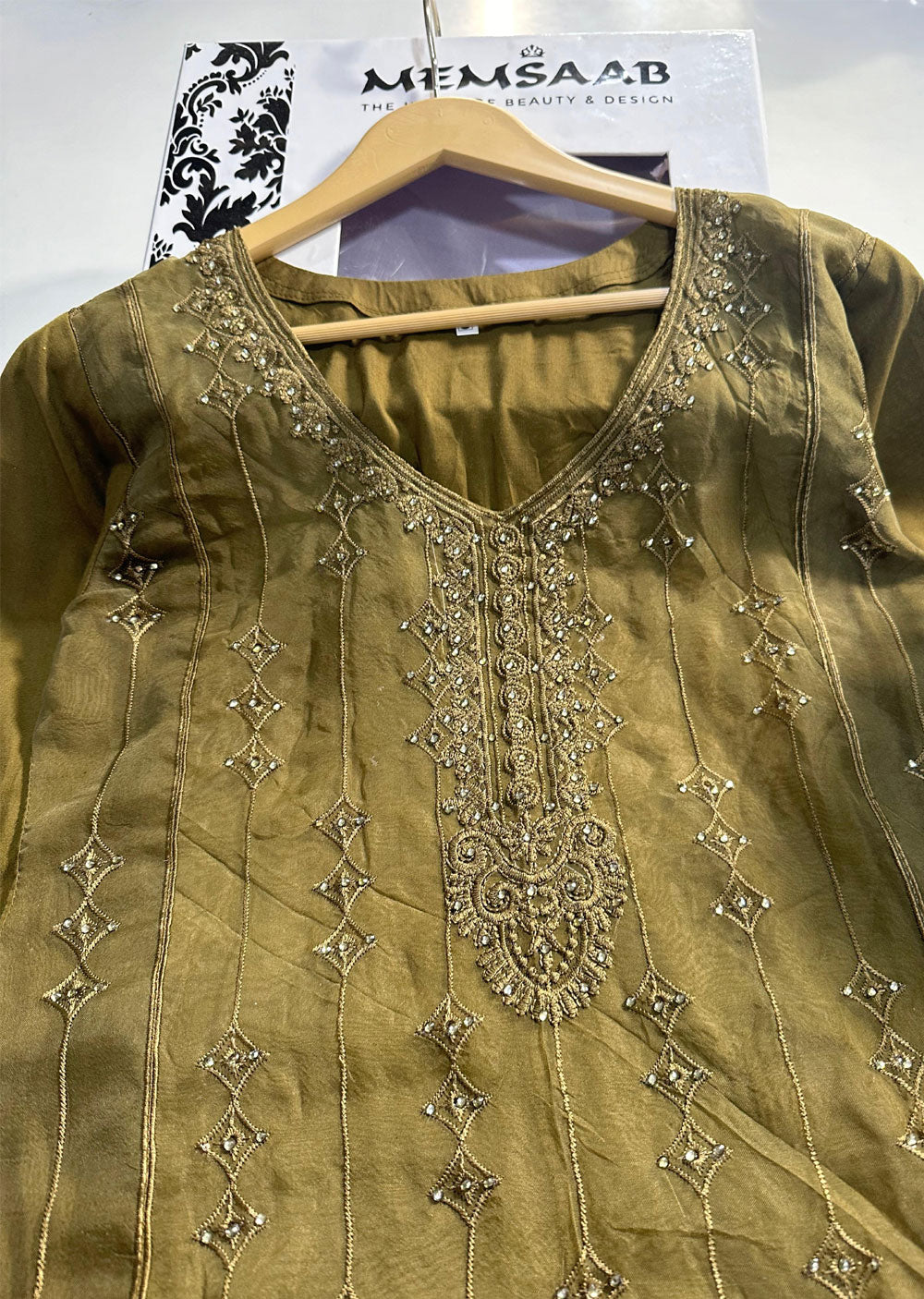 ASK671 Readymade Organza Olive Suit - Memsaab Online