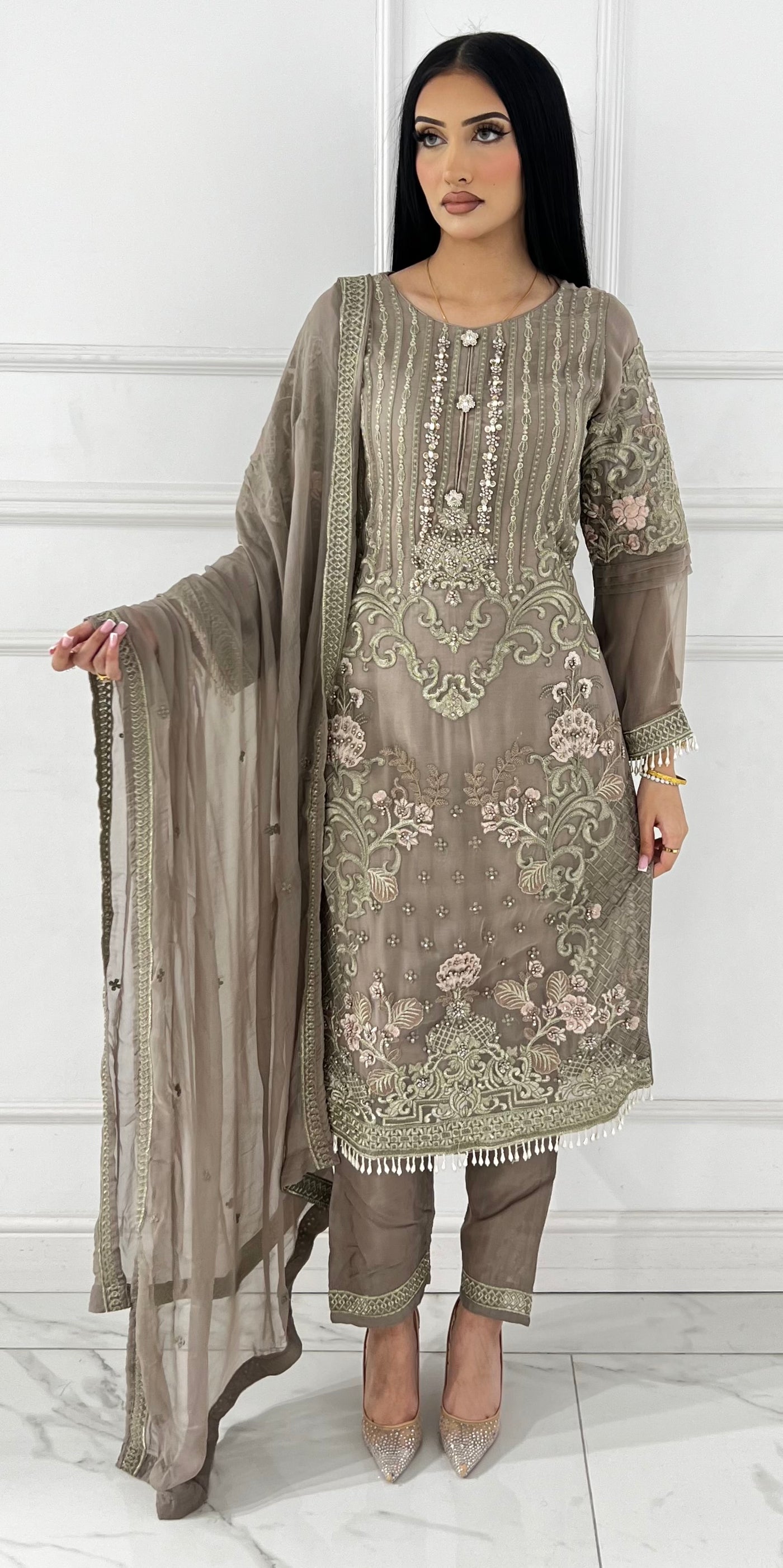 PS1729 Grey Readymade Chiffon Suit - Memsaab Online