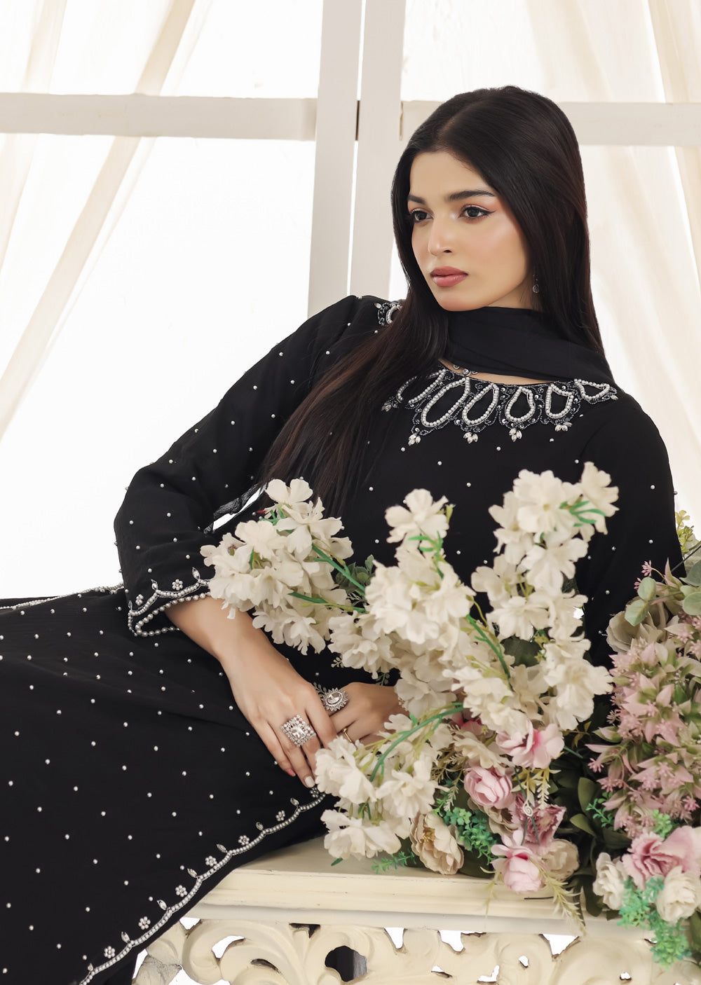 ASB-12 - Black Readymade Chiffon Suit - Memsaab Online