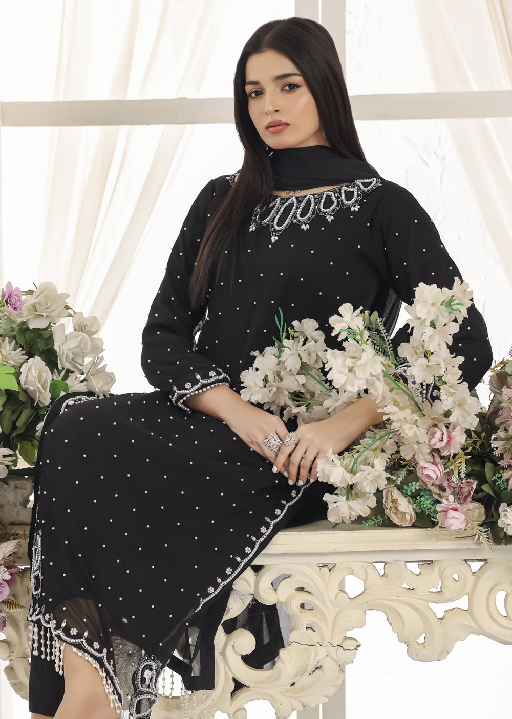 ASB-12 - Black Readymade Chiffon Suit - Memsaab Online
