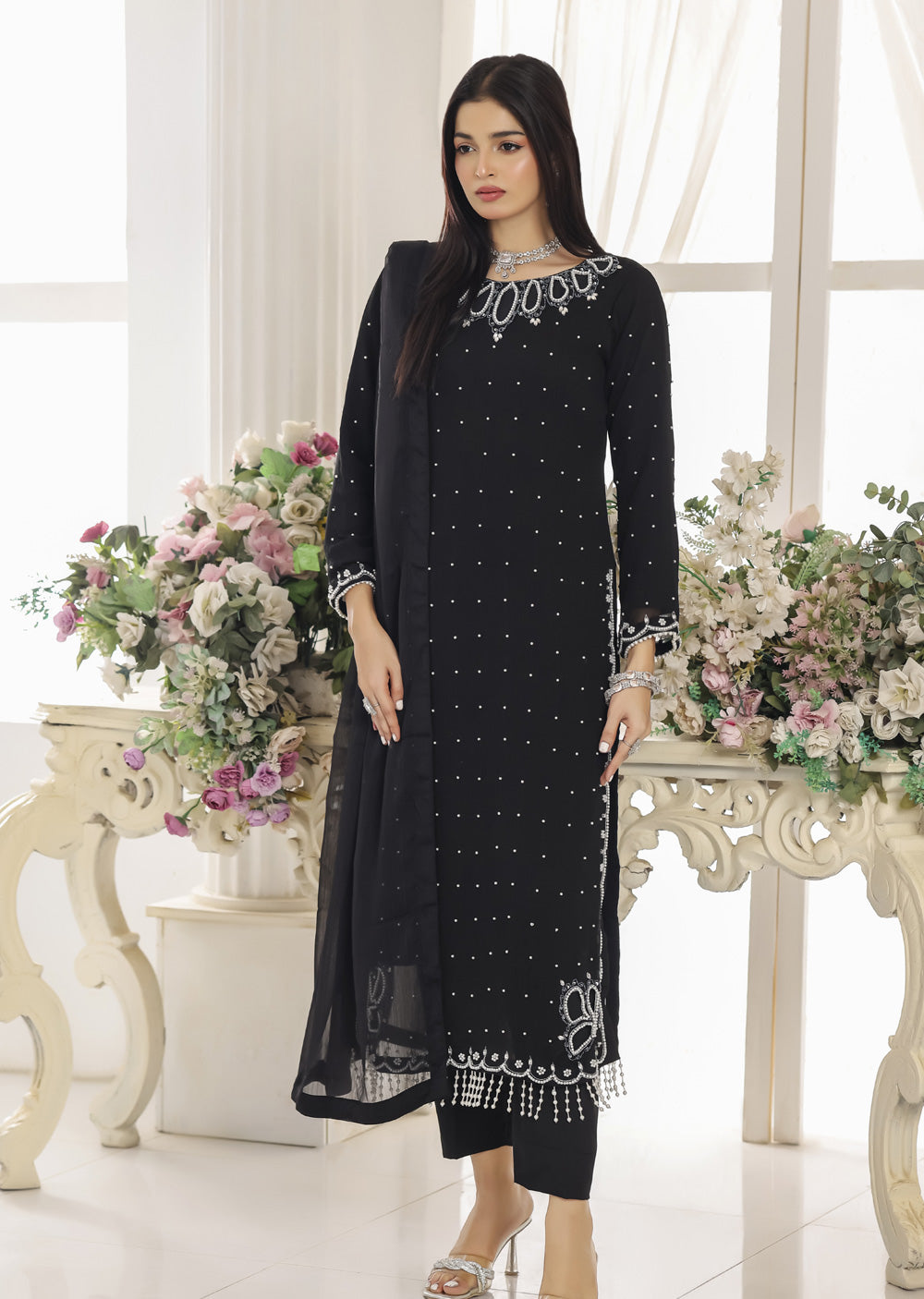 ASB-12 - Black Readymade Chiffon Suit - Memsaab Online