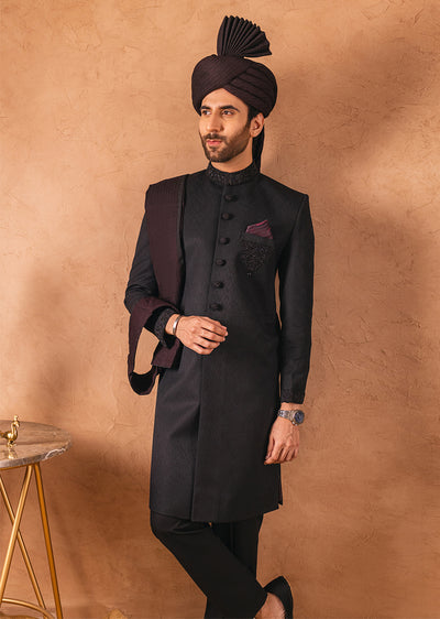 SHR-06 - Black - Readymade Mens Sherwani 2024 - Memsaab Online