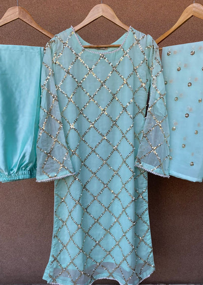 SMR3107 Quratulaine - Turquoise Chiffon Suit - Memsaab Online