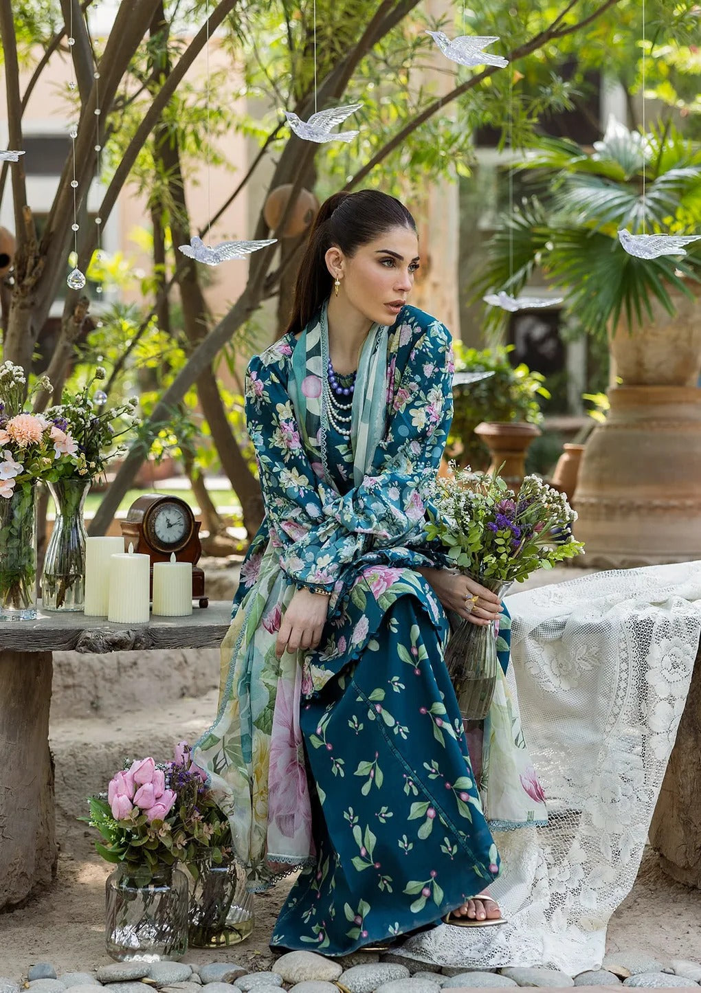 ELFECD-01-B- Azure Fern - Readymade - Elaf Prints Collection 2025 - Memsaab Online