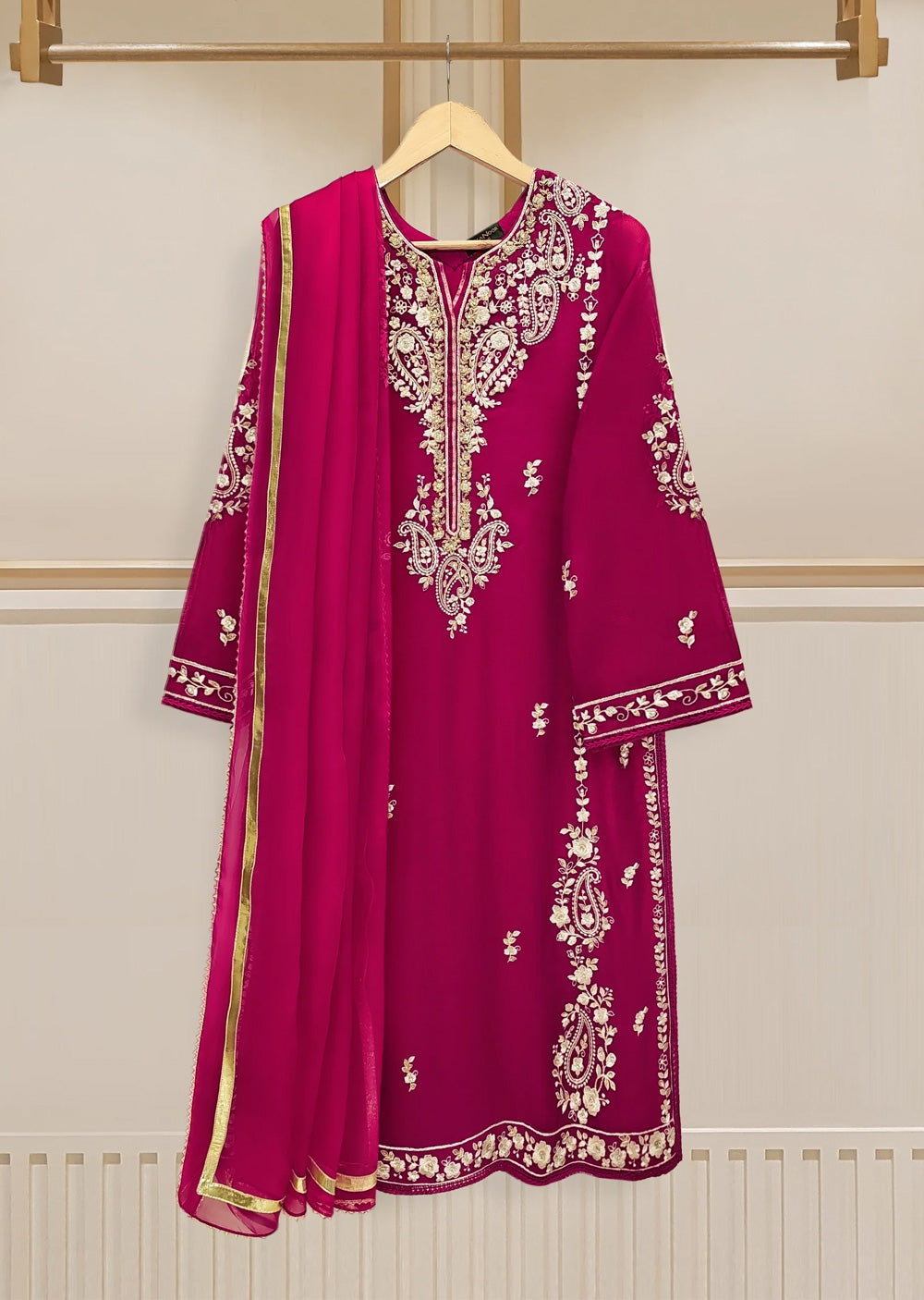 S110187 - Readymade - 3 Piece - Pure Cotton Net Embroidered Suit - Memsaab Online