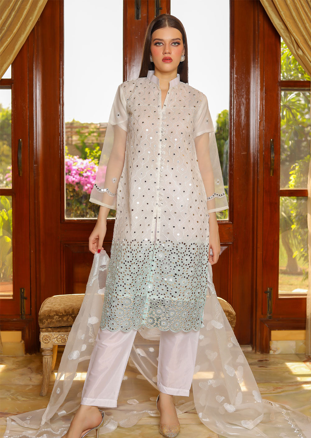 HK218 Rimi - White Readymade Organza Suit - Memsaab Online