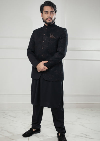 PC-705 - Black Mens Embroidered Prince Coat - Memsaab Online