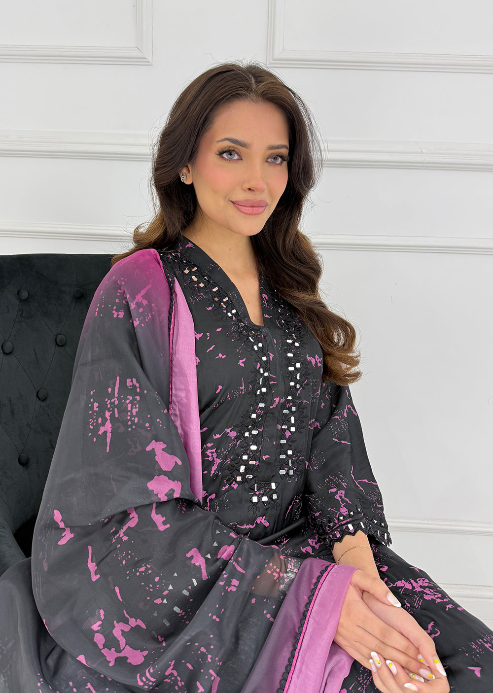 SMR3102 Yumna - Black/Purple Readymade Silk Suit - Memsaab Online