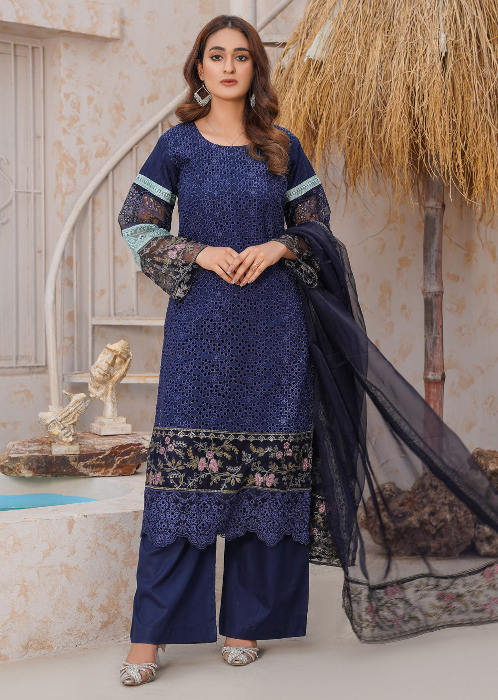 ANI101 Navy readymade Chickenkari Suit - Memsaab Online