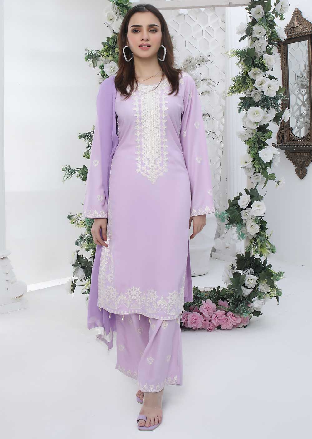 HK203 Sayasra Readymade Lilac Linen Suit - Memsaab Online