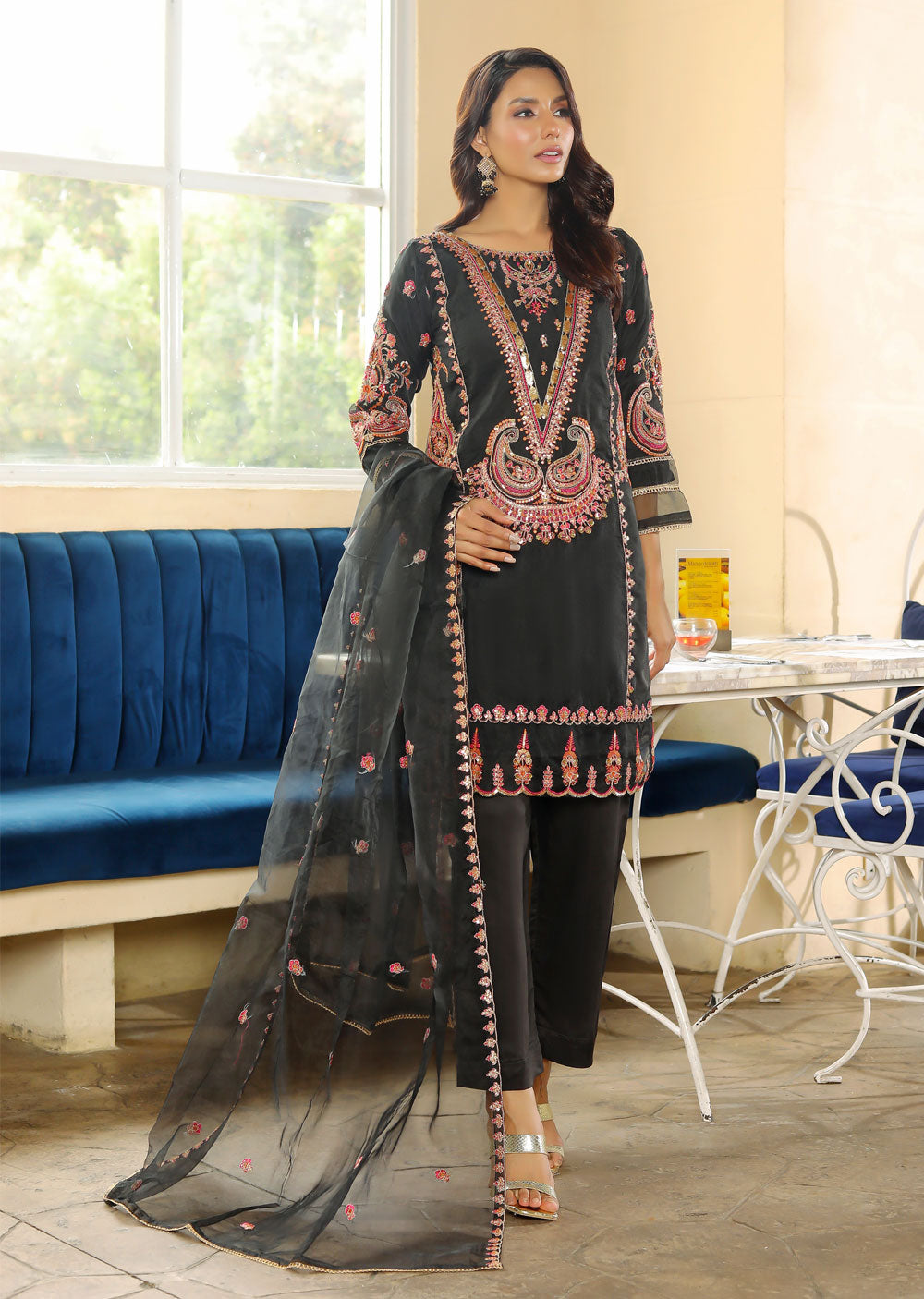 KLD320 Kaif - Black Readymade Organza Suit - Memsaab Online