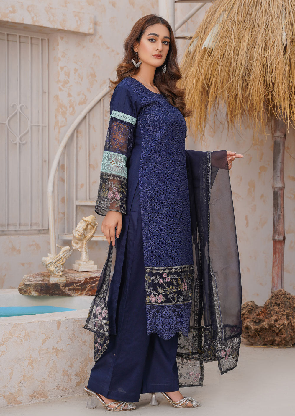 ANI101 Navy readymade Chickenkari Suit - Memsaab Online