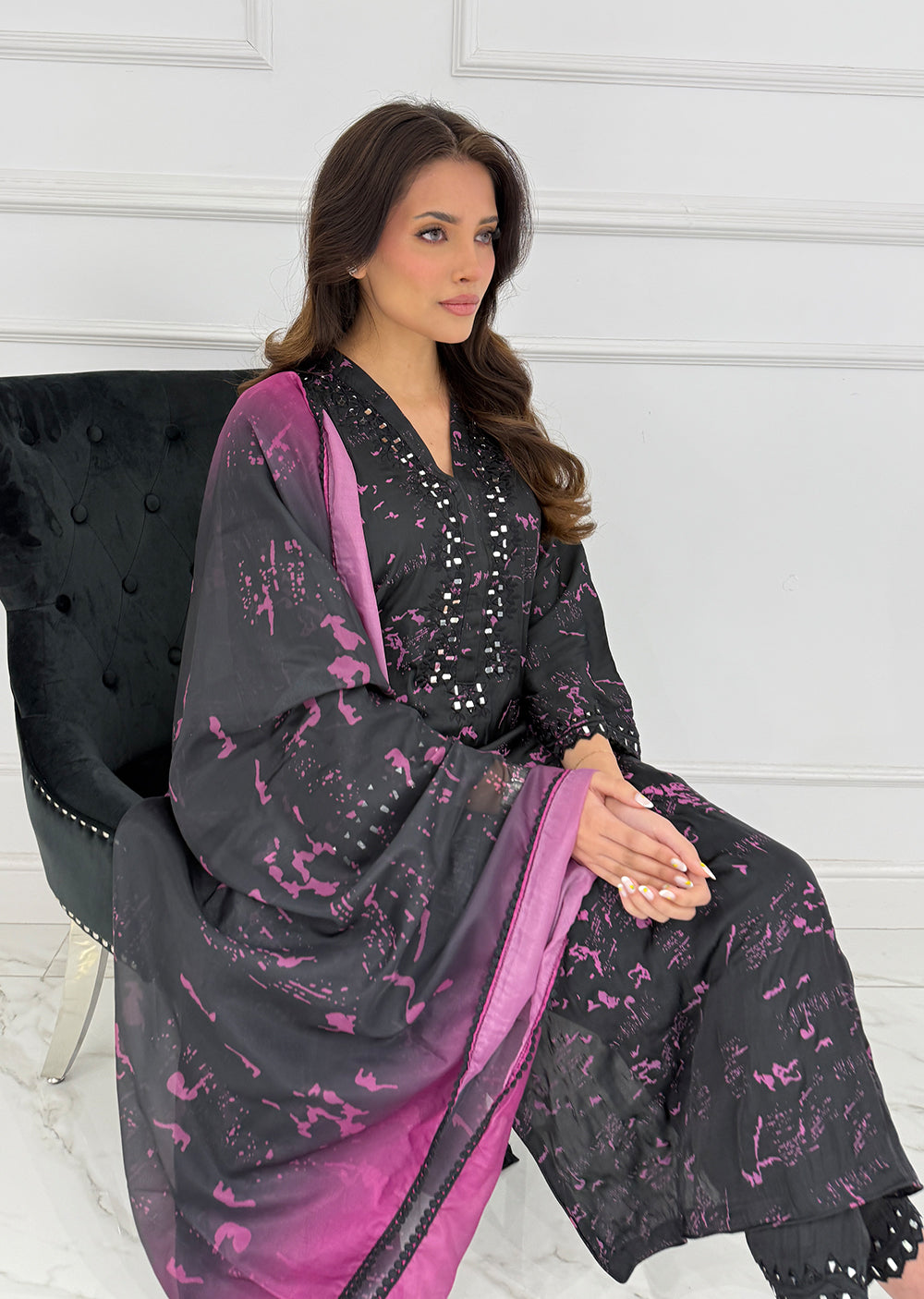 SMR3102 Yumna - Black/Purple Readymade Silk Suit - Memsaab Online