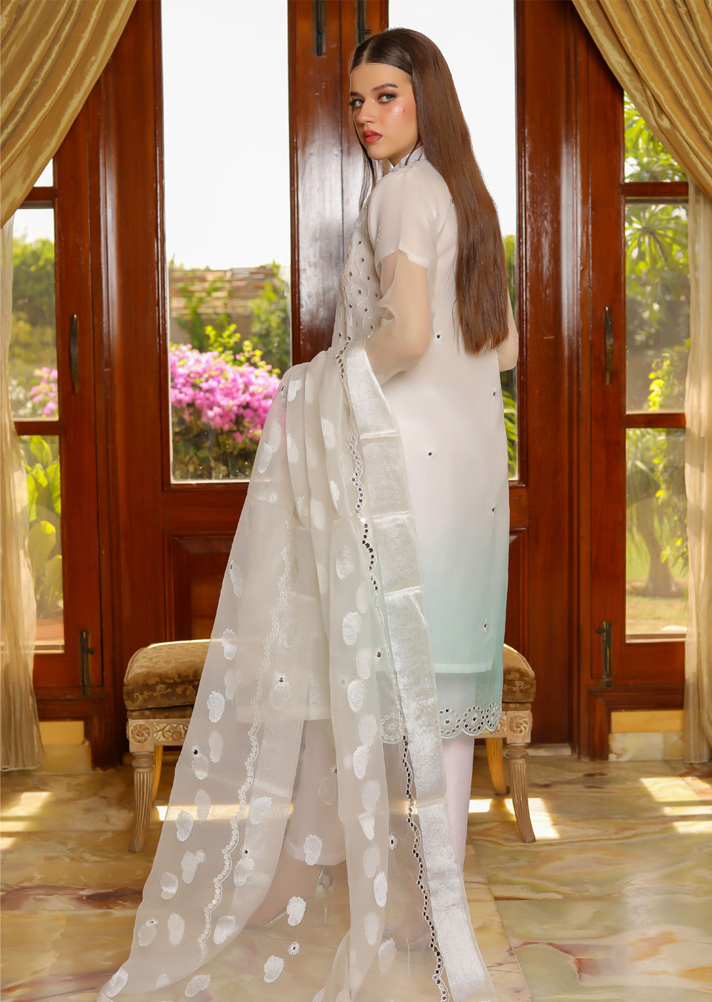 HK218 Rimi - White Readymade Organza Suit - Memsaab Online