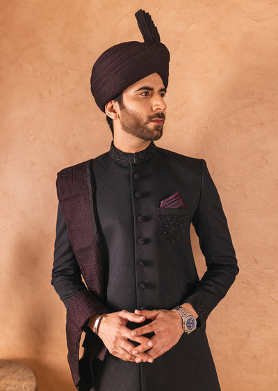 SHR-06 - Black - Readymade Mens Sherwani 2024 - Memsaab Online