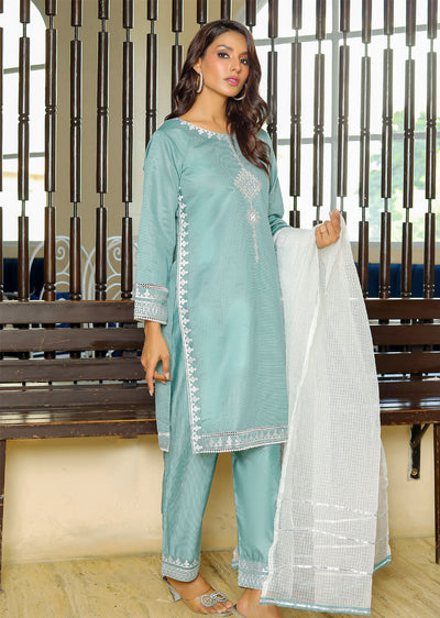 KLD303 Aynoor - Cyan Readymade Khadi Net Suit - Memsaab Online