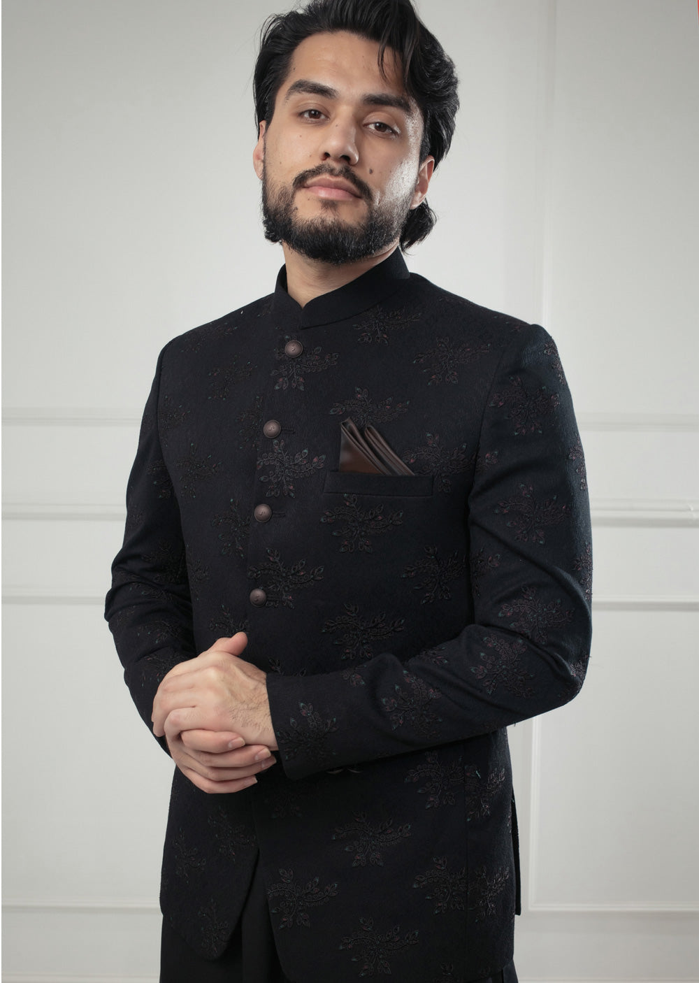 PC-705 - Black Mens Embroidered Prince Coat - Memsaab Online