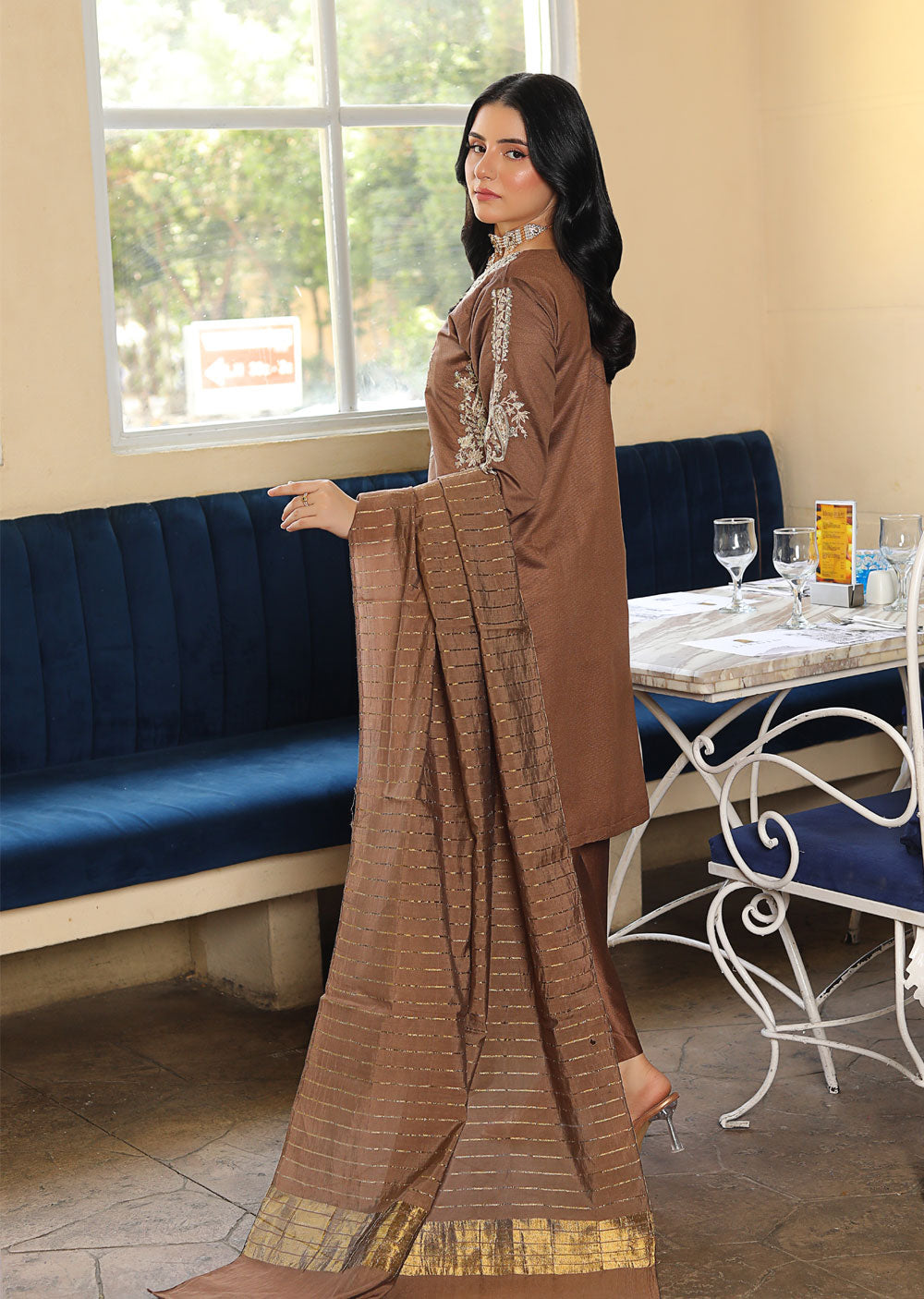 KLD305 Gulnar - Brown Readymade Khadi Net Suit - Memsaab Online