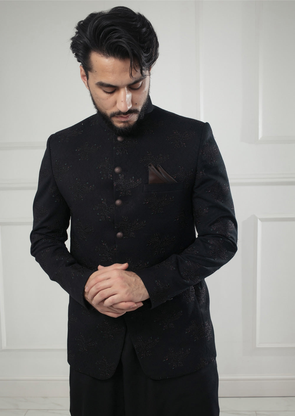 PC-705 - Black Mens Embroidered Prince Coat - Memsaab Online