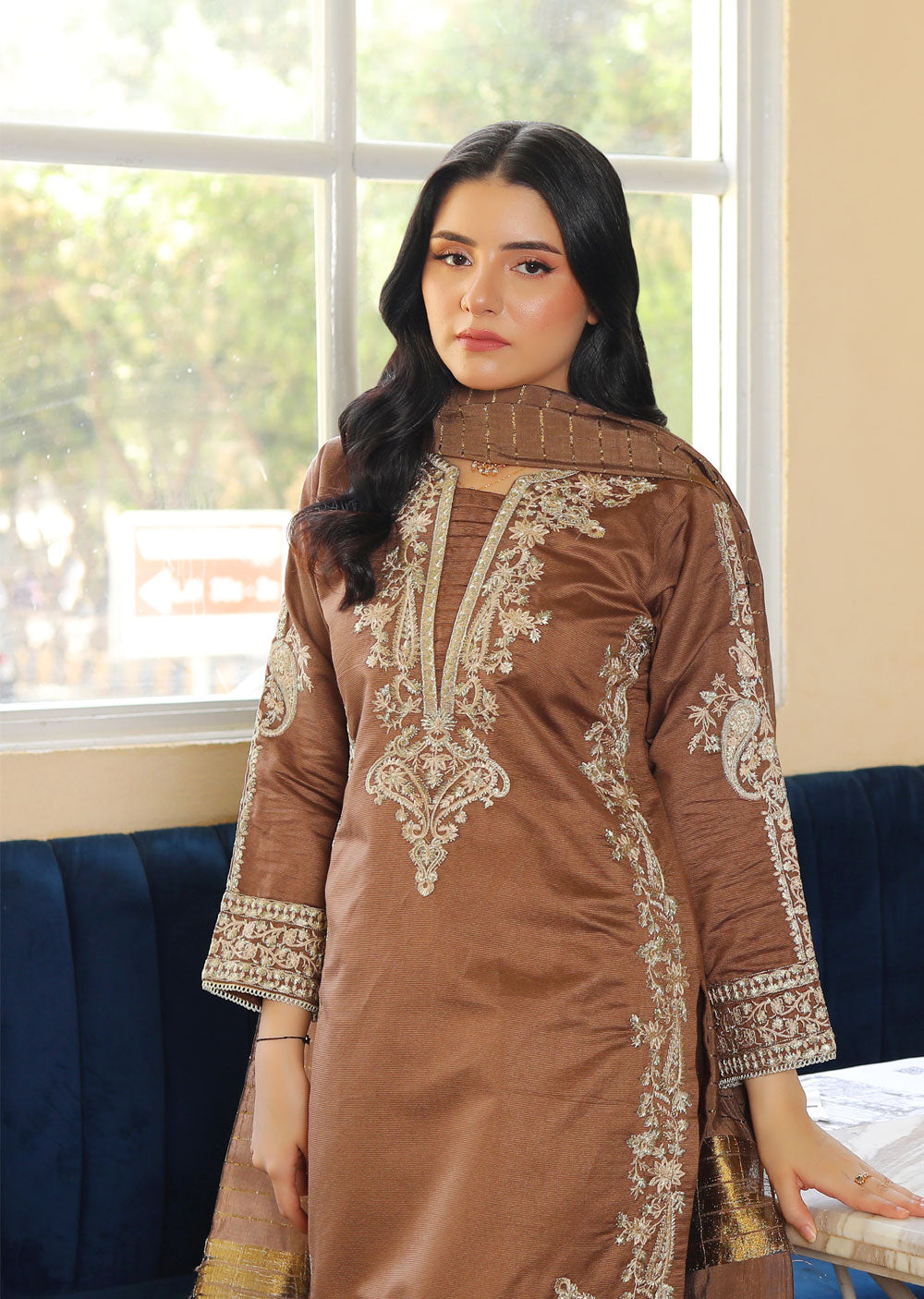 KLD305 Gulnar - Brown Readymade Khadi Net Suit - Memsaab Online