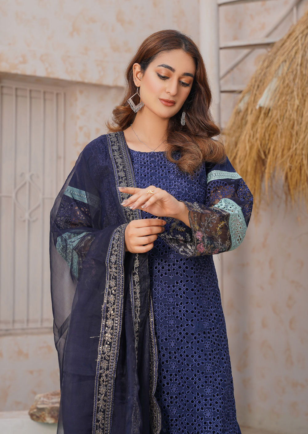 ANI101 Navy readymade Chickenkari Suit - Memsaab Online