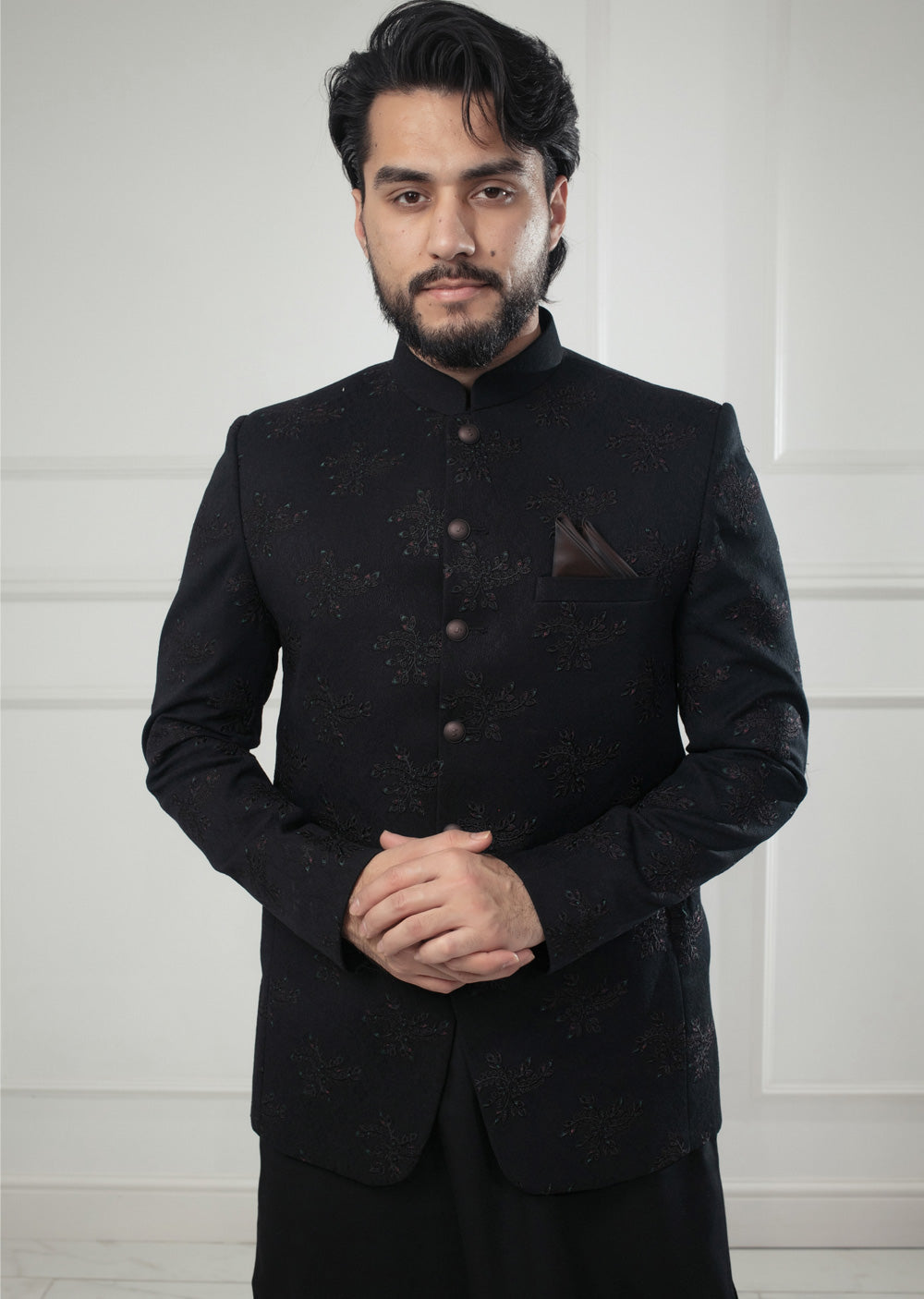 PC-705 - Black Mens Embroidered Prince Coat - Memsaab Online