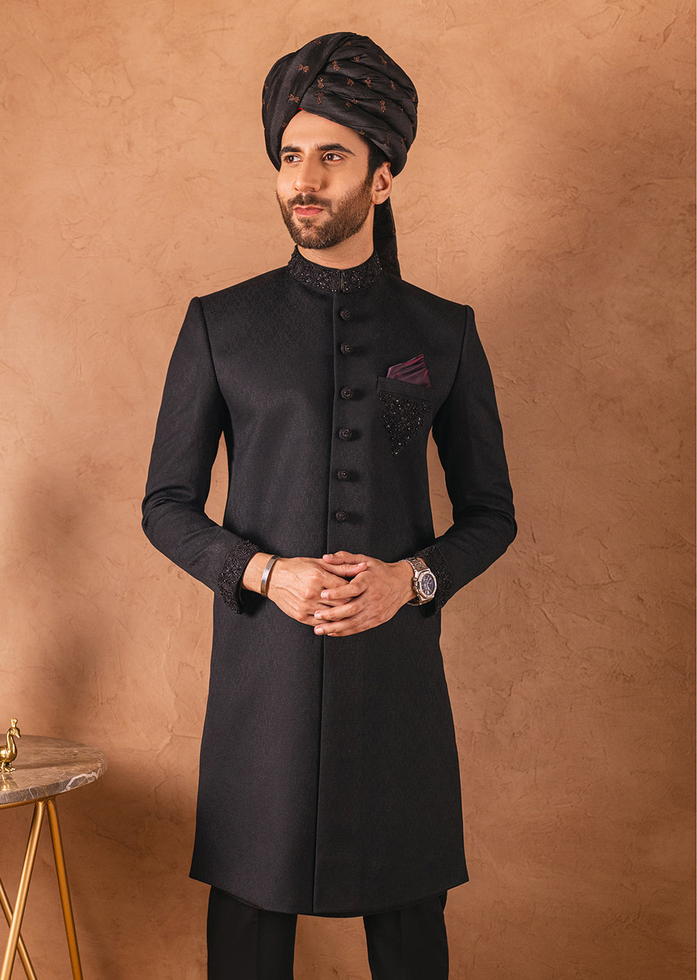 SHR-06 - Black - Readymade Mens Sherwani 2024 - Memsaab Online