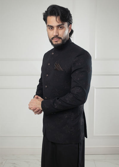 PC-705 - Black Mens Embroidered Prince Coat - Memsaab Online