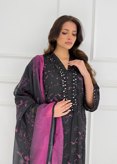 SMR3102 Yumna - Black/Purple Readymade Silk Suit - Memsaab Online