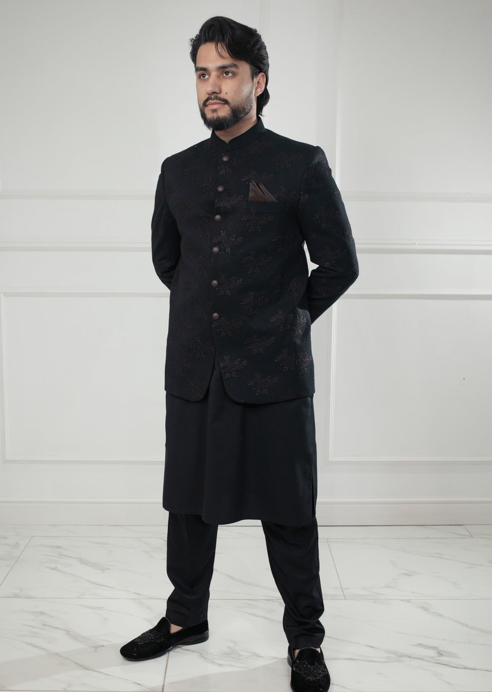 PC-705 - Black Mens Embroidered Prince Coat - Memsaab Online