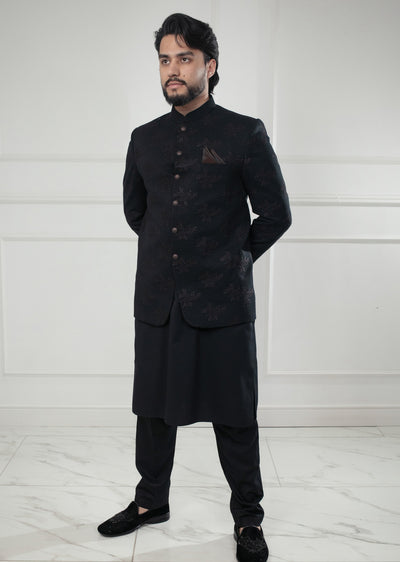 PC-705 - Black Mens Embroidered Prince Coat - Memsaab Online